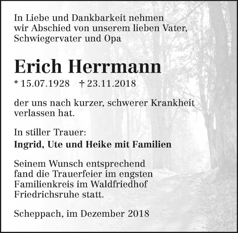 Traueranzeige für Erich Herrmann vom 10.12.2018 aus 