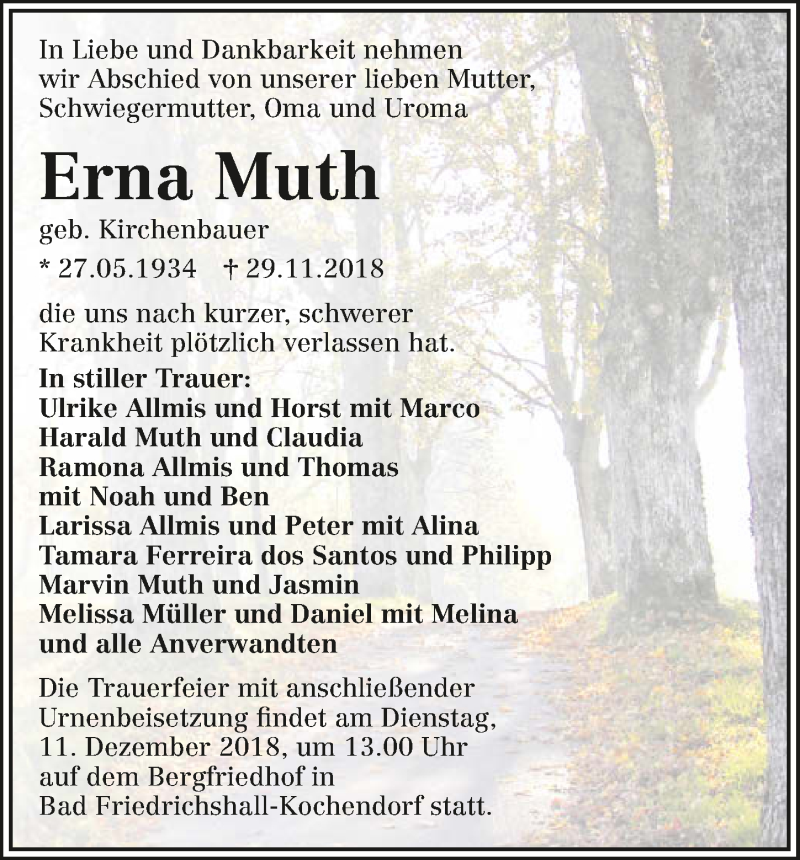  Traueranzeige für Erna Muth vom 07.12.2018 aus 