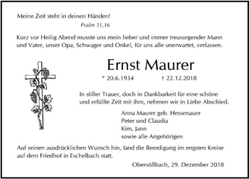 Traueranzeige von Ernst Maurer 