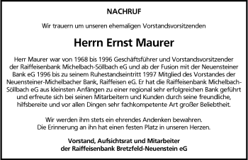 Traueranzeige von Ernst Maurer 
