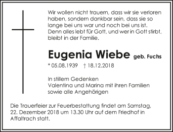 Traueranzeige von Eugenia Wiebe 