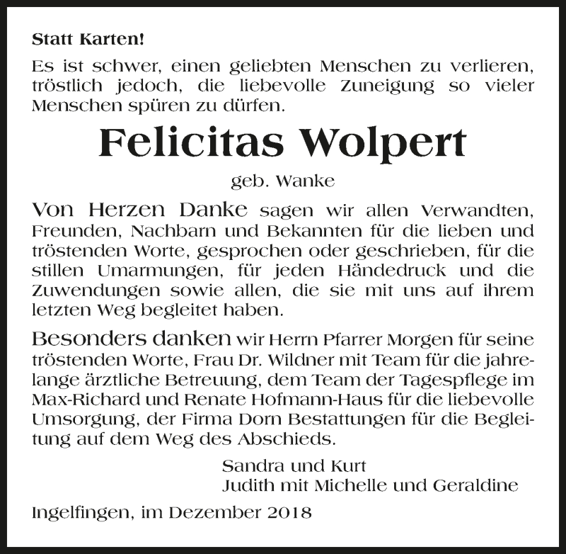  Traueranzeige für Felicitas Wolpert vom 10.12.2018 aus 