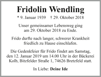 Traueranzeige von Fridolin Wendling