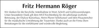 Traueranzeige von Fritz Hermann Röger 