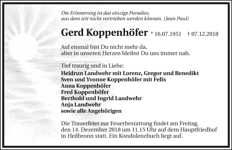  Traueranzeige für Gerd Koppenhöfer vom 11.12.2018 aus 