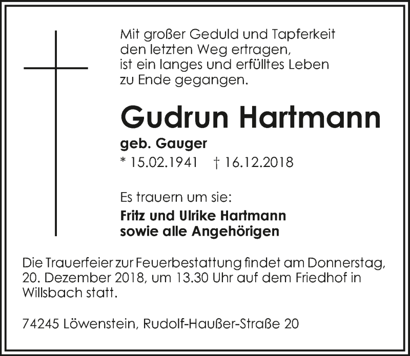  Traueranzeige für Gudrun Hartmann vom 18.12.2018 aus 