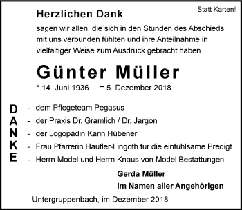 Traueranzeige von Günter Müller