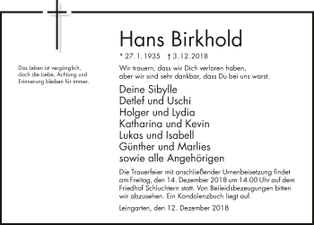 Traueranzeige von Hans Birkhold 