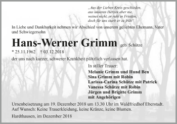 Traueranzeige von Hans-Werner Grimm 