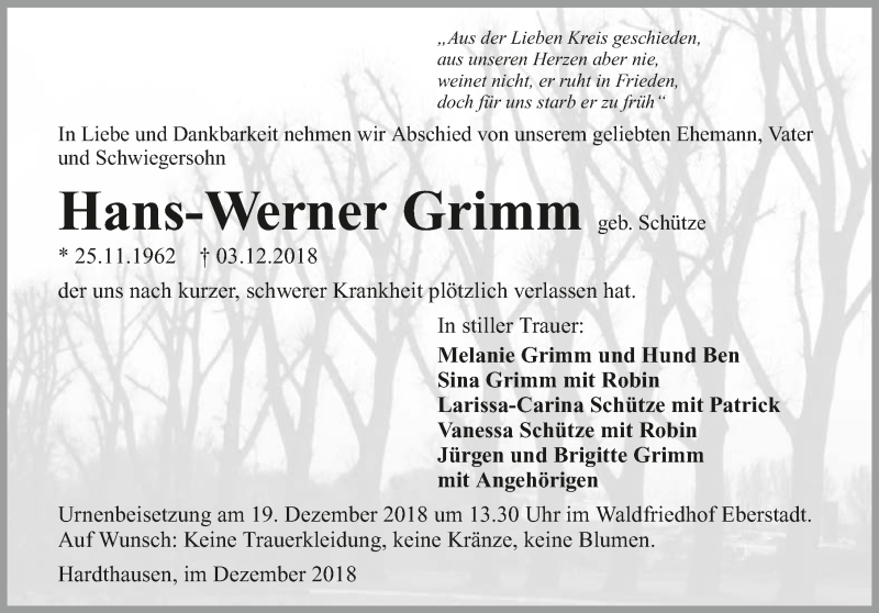  Traueranzeige für Hans-Werner Grimm vom 14.12.2018 aus 