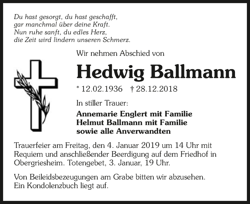  Traueranzeige für Hedwig Ballmann vom 31.12.2018 aus 