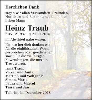 Traueranzeige von Heinz Traub 