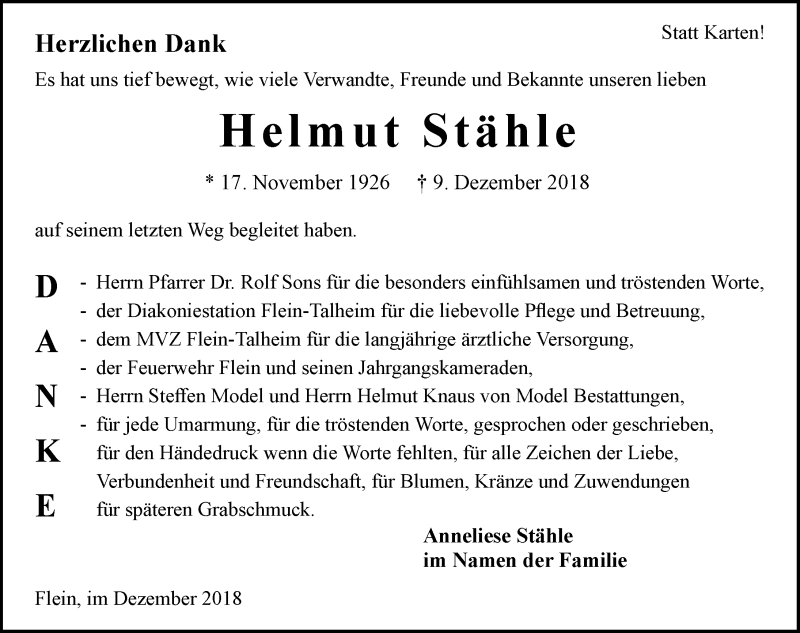  Traueranzeige für Helmut Stähle vom 22.12.2018 aus 
