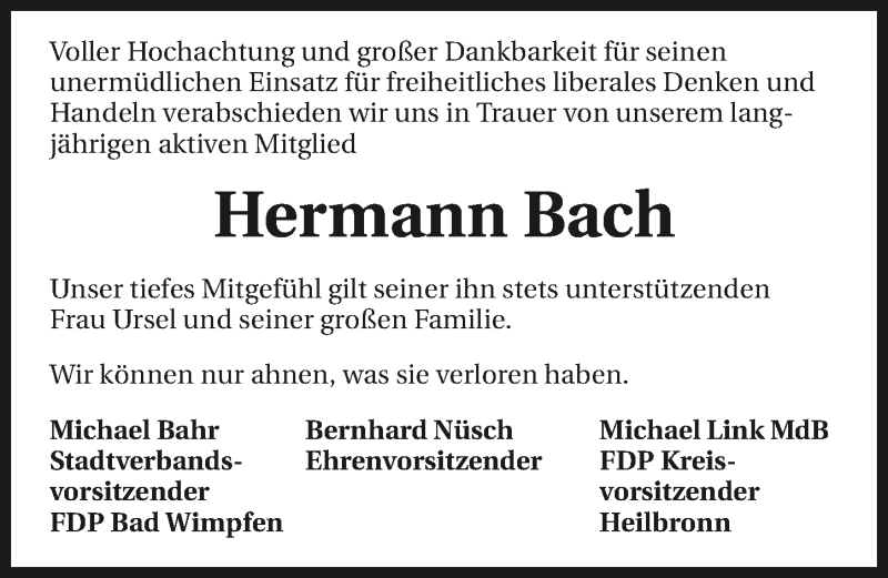  Traueranzeige für Hermann Bach vom 08.12.2018 aus 