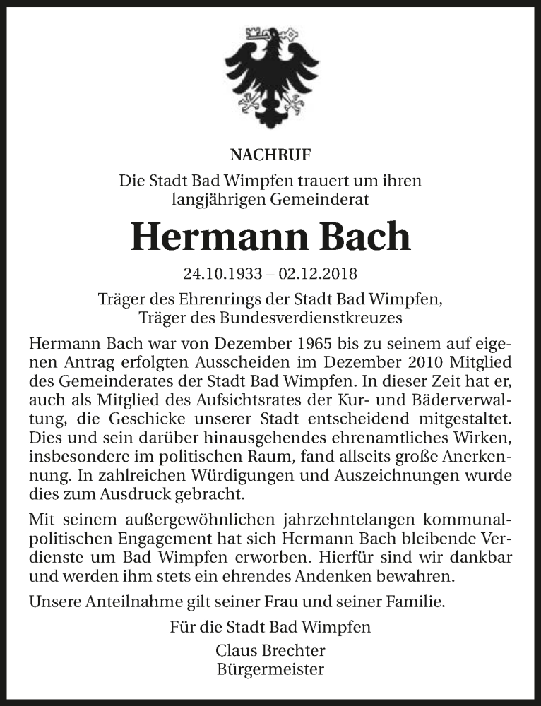  Traueranzeige für Hermann Bach vom 08.12.2018 aus 