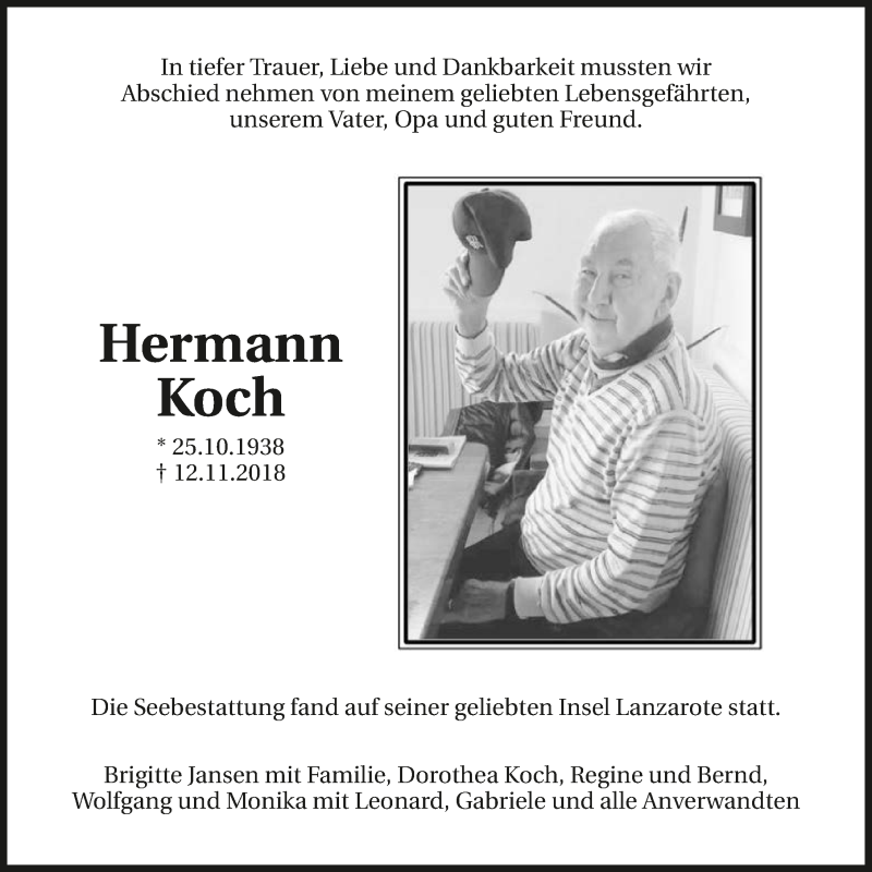  Traueranzeige für Hermann Koch vom 08.12.2018 aus 