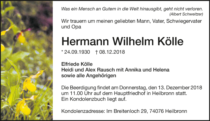  Traueranzeige für Hermann Wilhelm Kölle vom 11.12.2018 aus 