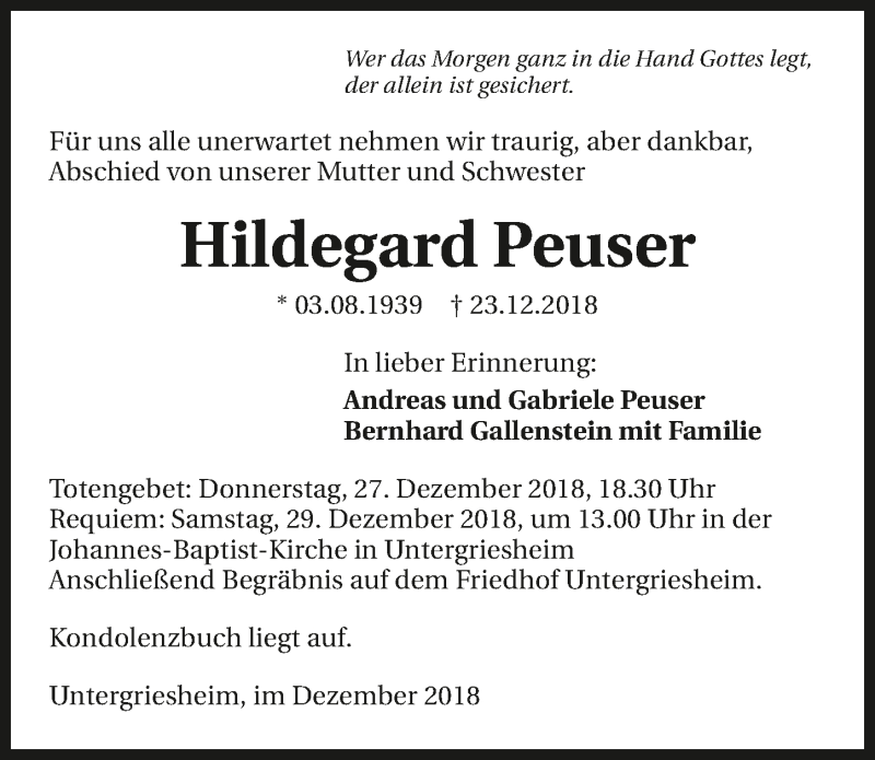  Traueranzeige für Hildegard Peuser vom 27.12.2018 aus 