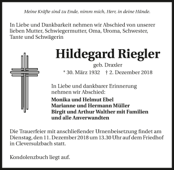 Traueranzeige von Hildegard Riegler 