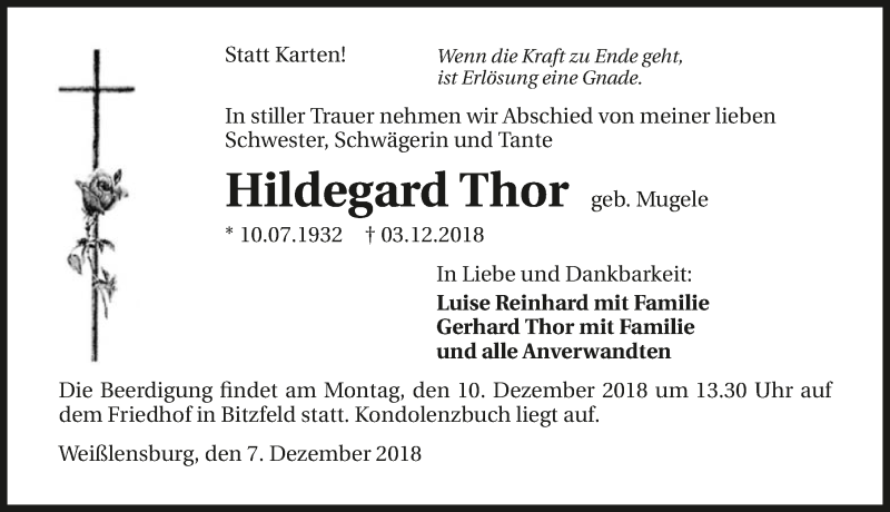 Traueranzeige für Hildegard Thor vom 07.12.2018 aus 