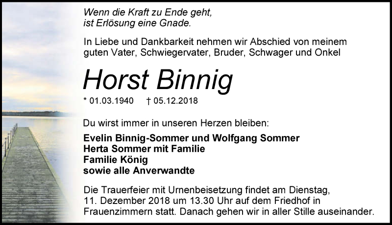 Traueranzeige für Horst Binnig vom 08.12.2018 aus 