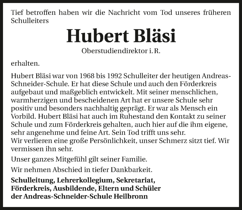  Traueranzeige für Hubert Bläsi vom 08.12.2018 aus 