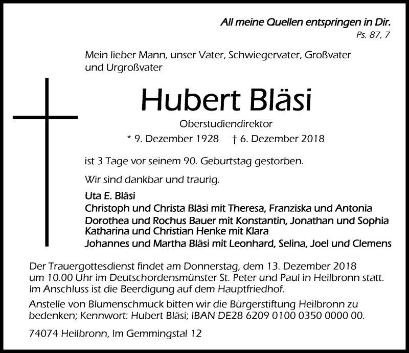  Traueranzeige für Hubert Bläsi vom 08.12.2018 aus 