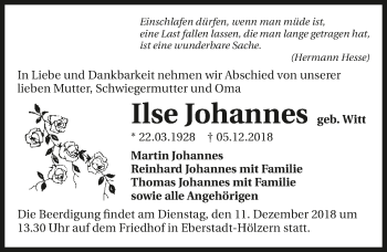 Traueranzeige von Ilse Johannes 