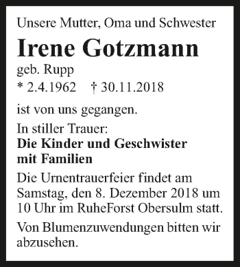 Traueranzeige von Irene Gotzmann 