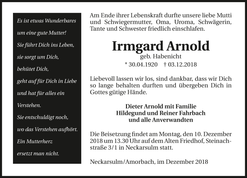  Traueranzeige für Irmgard Arnold vom 06.12.2018 aus 
