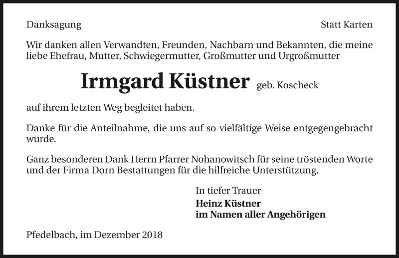  Traueranzeige für Irmgard Küstner vom 22.12.2018 aus 