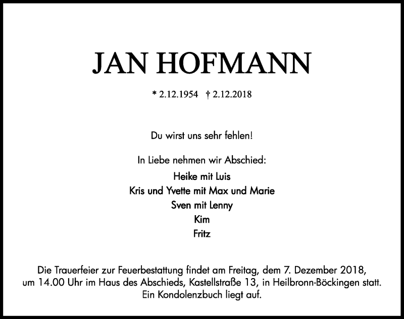  Traueranzeige für Jan Hofmann vom 05.12.2018 aus 