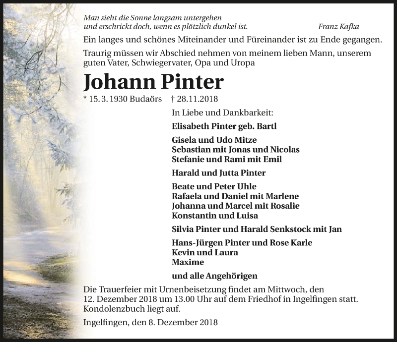 Traueranzeige für Johann Pinter vom 08.12.2018 aus 