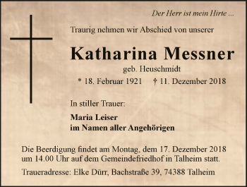 Traueranzeige von Katharina Messner