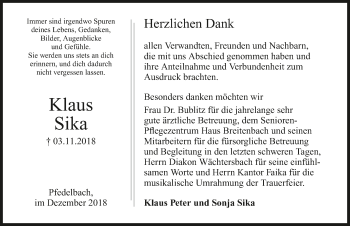 Traueranzeige von Klaus Sika 