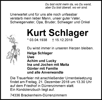Traueranzeige von Kurt Schlager 