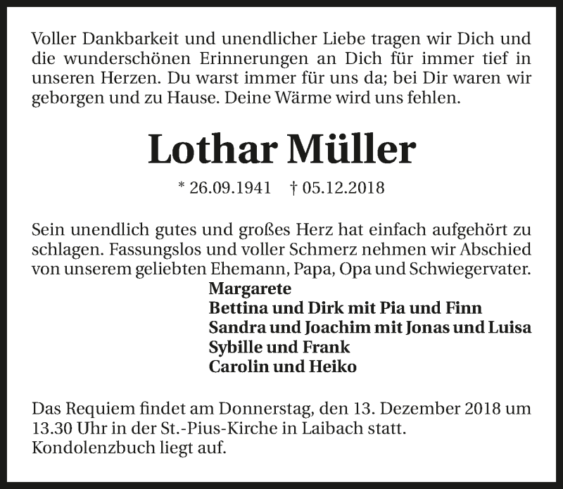  Traueranzeige für Lothar Müller vom 10.12.2018 aus 