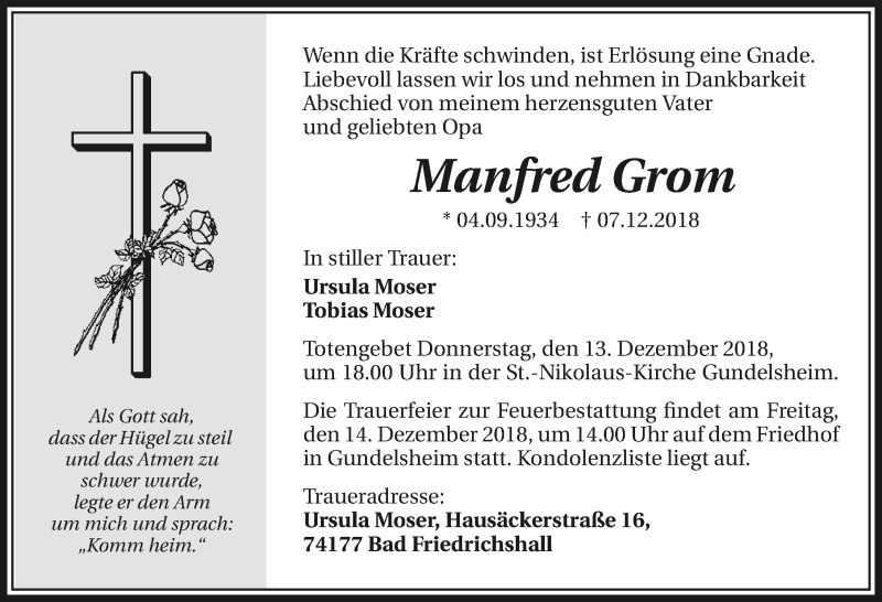  Traueranzeige für Manfred Grom vom 11.12.2018 aus 