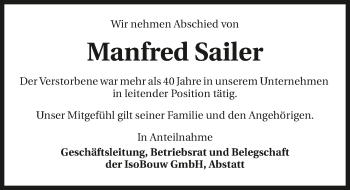 Traueranzeige von Manfred Sailer 