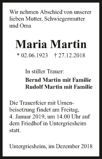 Traueranzeige von Maria Martin 