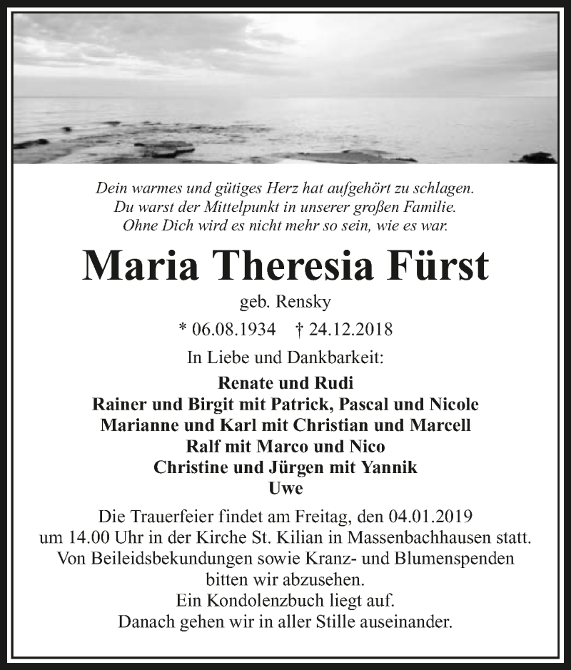  Traueranzeige für MariaTheresia Fürst vom 29.12.2018 aus 