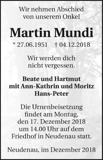 Traueranzeige von Martin Mundi 