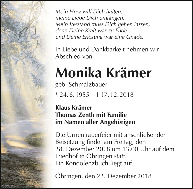  Traueranzeige für Monika Krämer vom 22.12.2018 aus 
