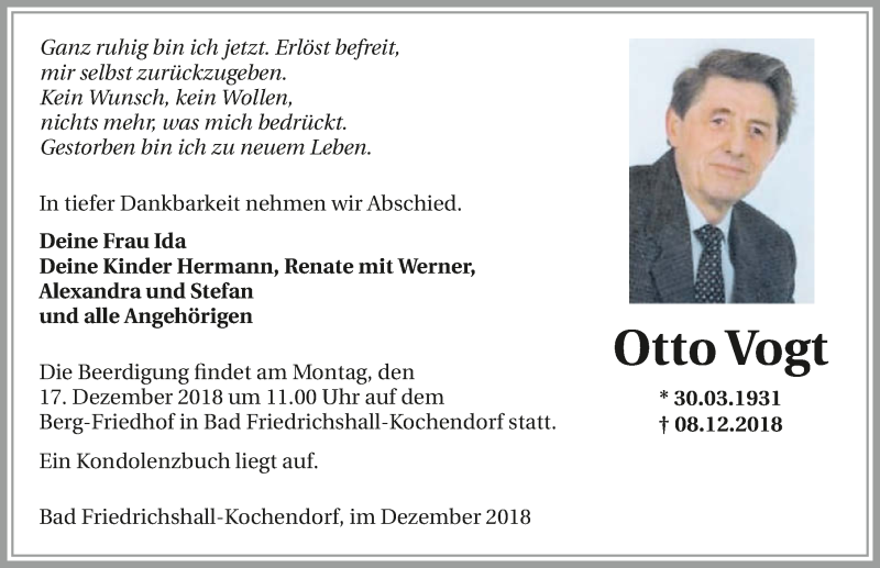  Traueranzeige für Otto Vogt vom 14.12.2018 aus 