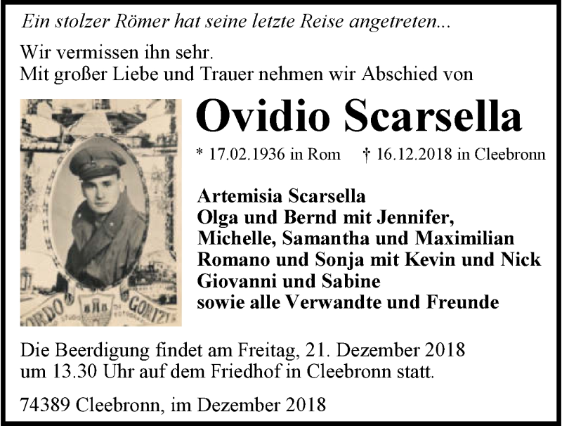  Traueranzeige für Ovidio Scarsella vom 18.12.2018 aus 