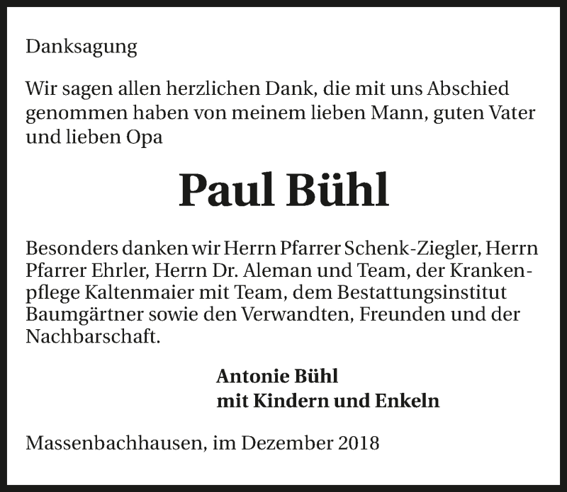  Traueranzeige für Paul Bühl vom 15.12.2018 aus 