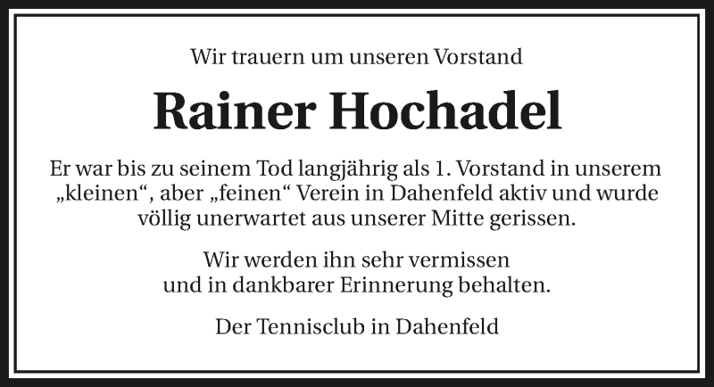 Traueranzeige für Rainer Hochadel vom 11.12.2018 aus 