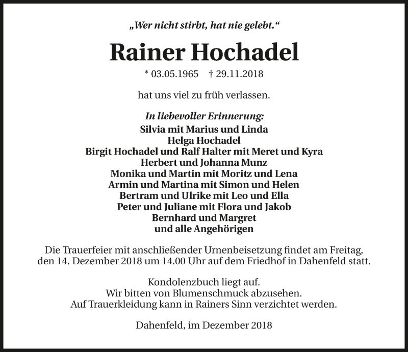  Traueranzeige für Rainer Hochadel vom 08.12.2018 aus 