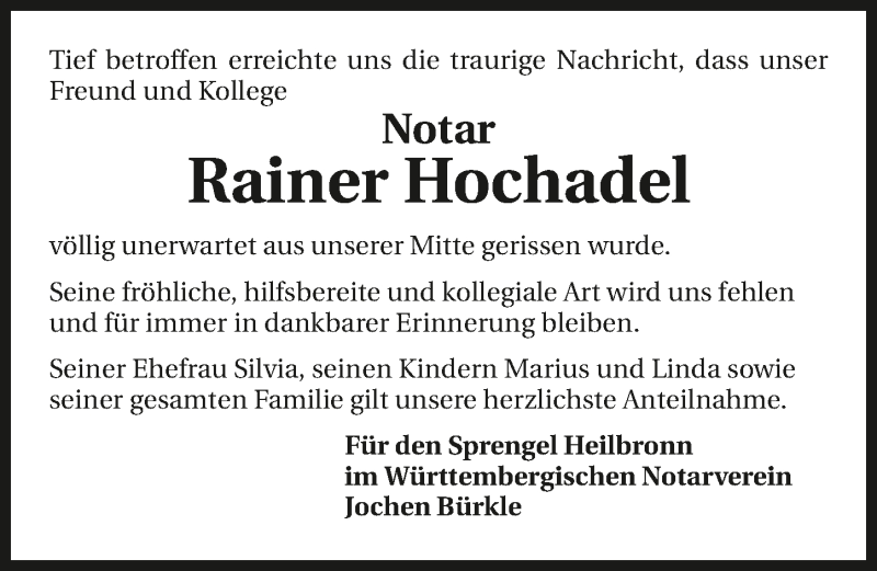  Traueranzeige für Rainer Hochadel vom 08.12.2018 aus 