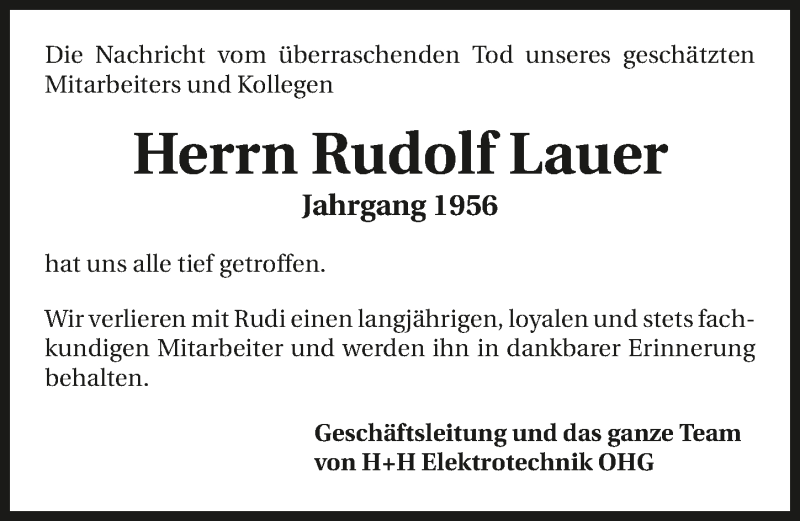  Traueranzeige für Rudolf Lauer vom 08.12.2018 aus 
